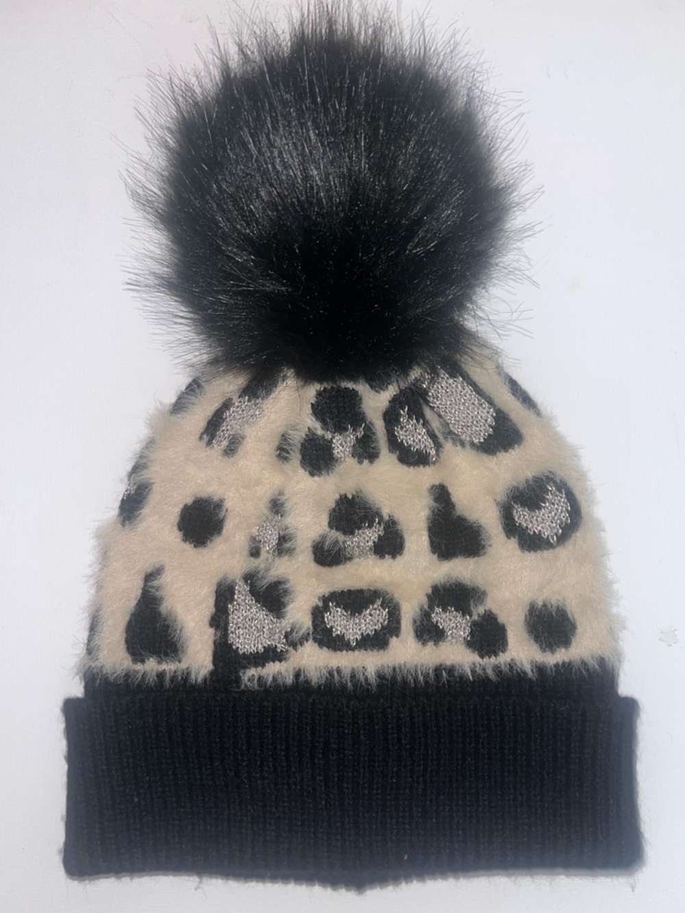 Leopard Print Pom Beanie Hat - Black/Tan - Molly Bracken